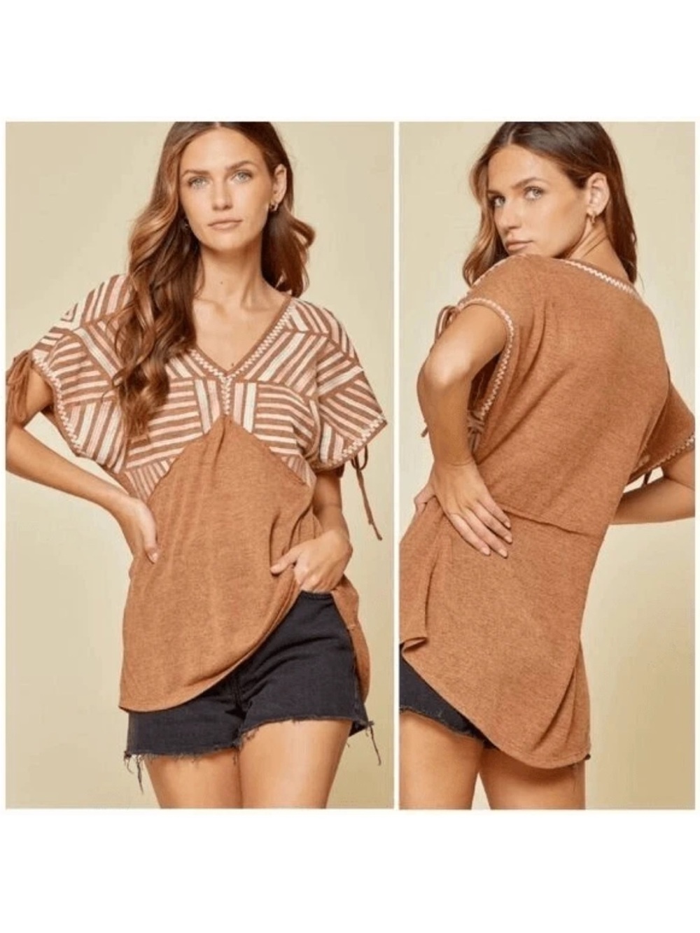 Savanna Jane Tan Embroidered Babydoll Knit Relaxed Fit Tunic Sz SMALL Boho Brown